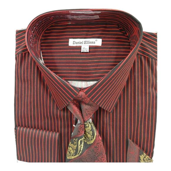 MEN'S DANIEL ELLISSA RED/BLACK ALL OVER BODY PINSTRIPED DRESS SHIRT. DS3827P2. - Picture 2 of 4